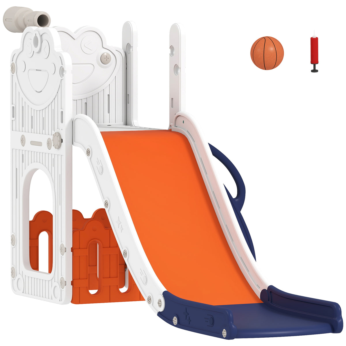5 in 1 Kids Slide Set with Basketball Hoop, Climbing Frame, Telescope, Storage Box for Toddlers Ages 1-3, Orange