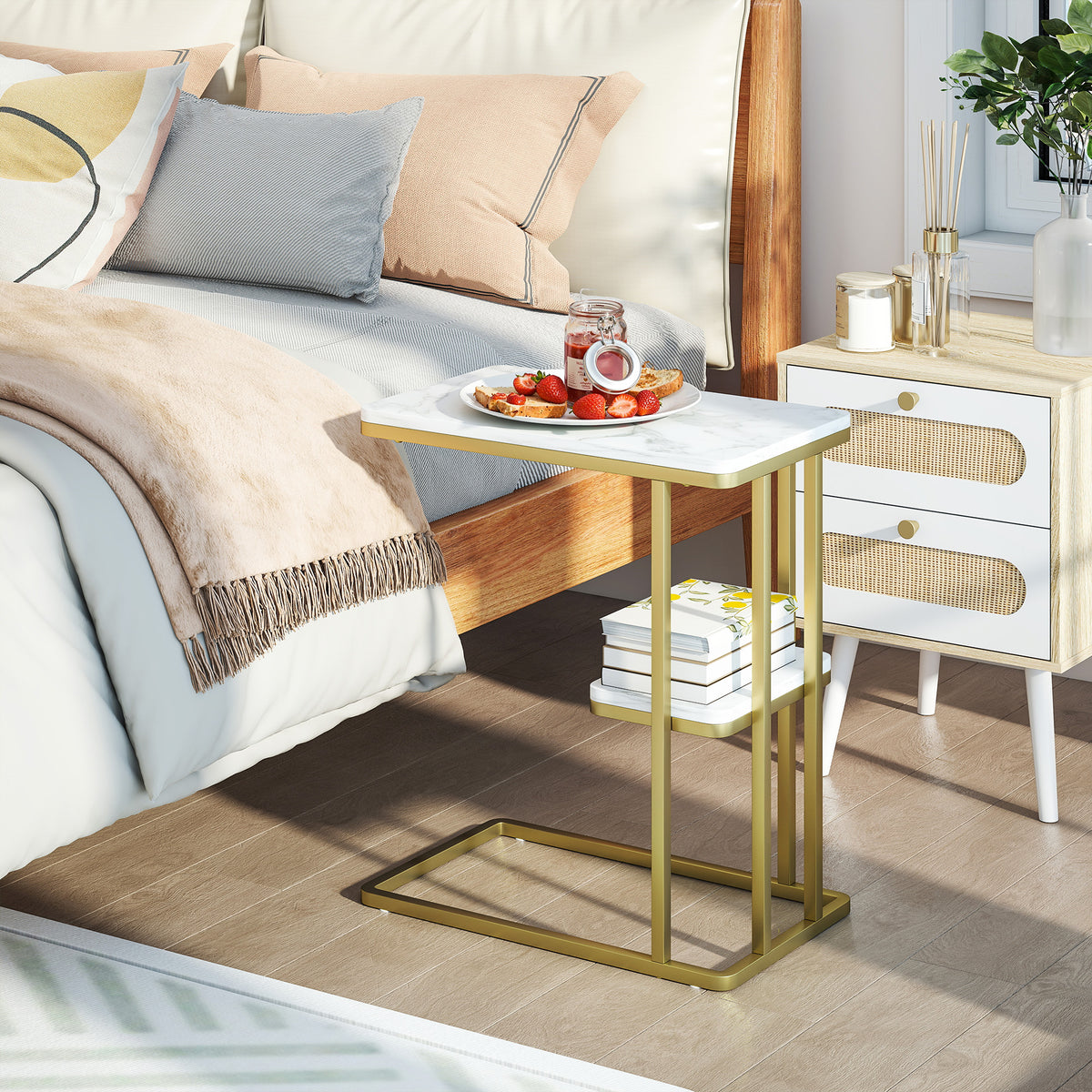 C-Shaped Narrow Side Table, 2-Tier Slim End Table, Nightstand for Small Spaces, Living Room, Bedroom, White Marble Grain