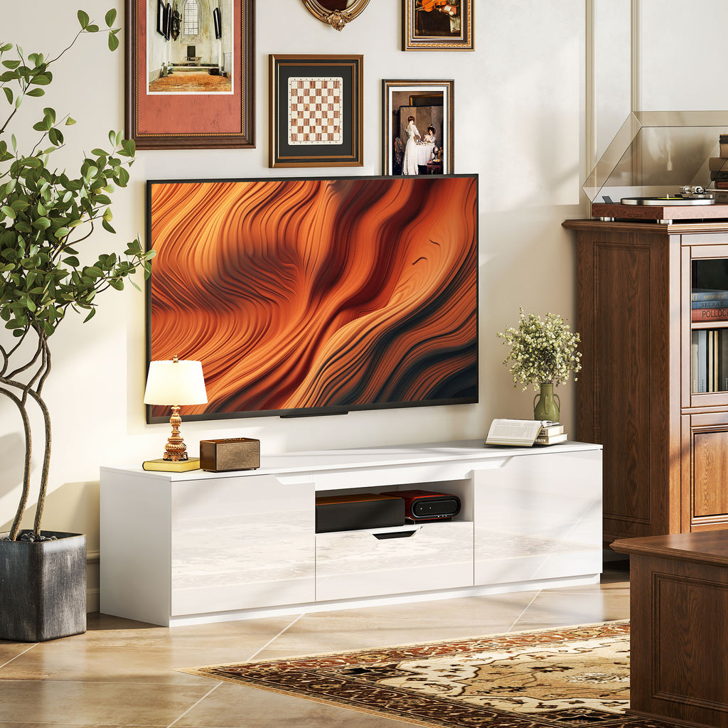 TV-Lowboard, Hochglanz, f¨¹r Fernseher bis 65'', 3 F?cher, Schublade, 160 x 38 x 43 cm, Wei?
