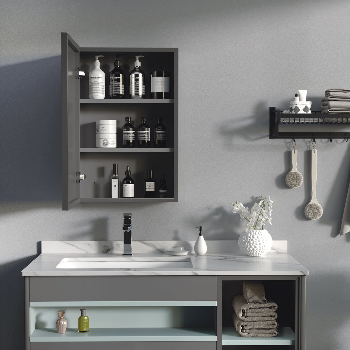 Spiegelschrank, 3 Regalf?cher, weiche Scharniere, Stahlgeh?use, schwarz, 40 x 15 x 60 cm