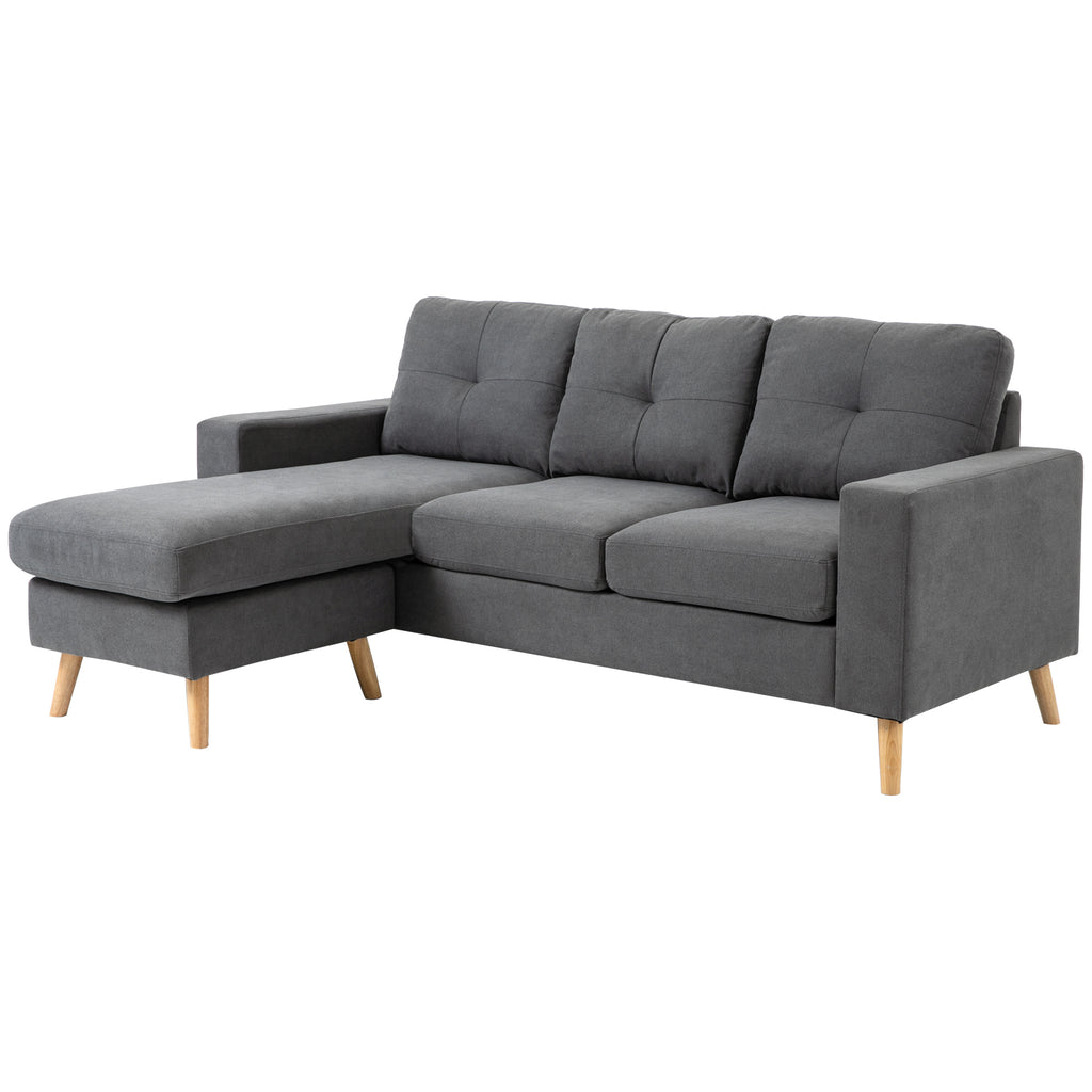 Ecksofa im Skandidesign, mit Knopfheftung, Massivholz, Leinenoptik, Grau