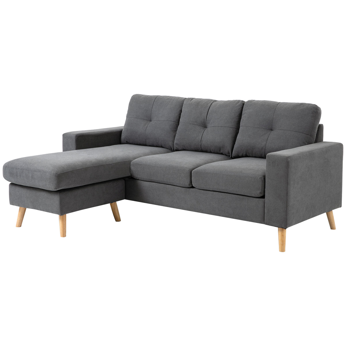 Ecksofa im Skandidesign, mit Knopfheftung, Massivholz, Leinenoptik, Grau