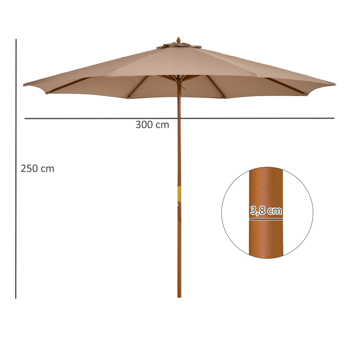 3(m) Garden Umbrella Wooden Parasol 8 Ribs Bamboo Sun Shade Patio Outdoor Umbrella Canopy Khaki
