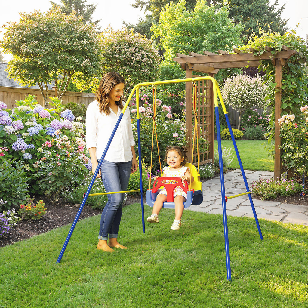 Faltbar Schaukelgestell mit A-Rahmen, 2 Haken, 4 Bodenankern, für 9 Monate bis 8 Jahre Kinder 128x155x157 cm Blau