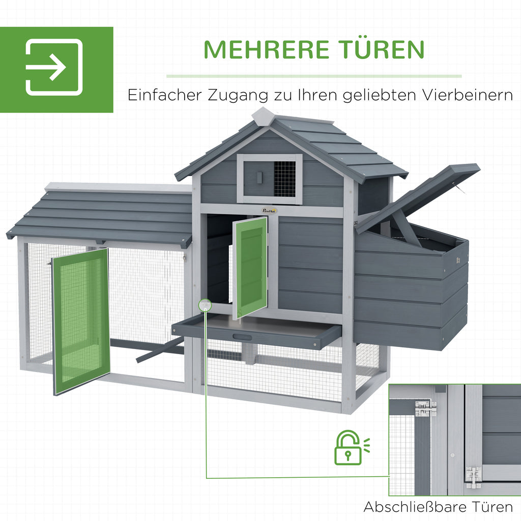 Zwerghühnerstall mit Freigehege Nistkasten herausnehmbare Bodenwanne 150,5 cm x 54 cm x 87 cm Naturholz Grau