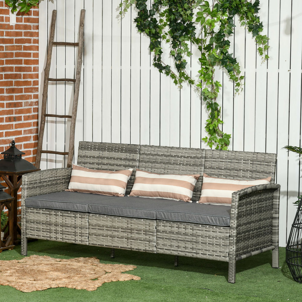  Rattan Sofa mit Kissen, Dreisitzer, Garten Loungesofa, Stahl, Grau, 173 x 68 x 78 cm
