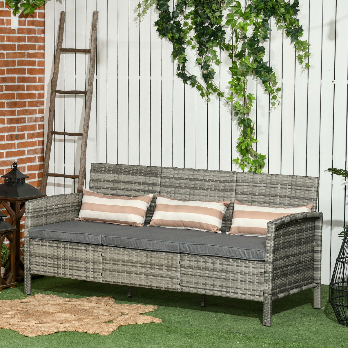  Rattan Sofa mit Kissen, Dreisitzer, Garten Loungesofa, Stahl, Grau, 173 x 68 x 78 cm