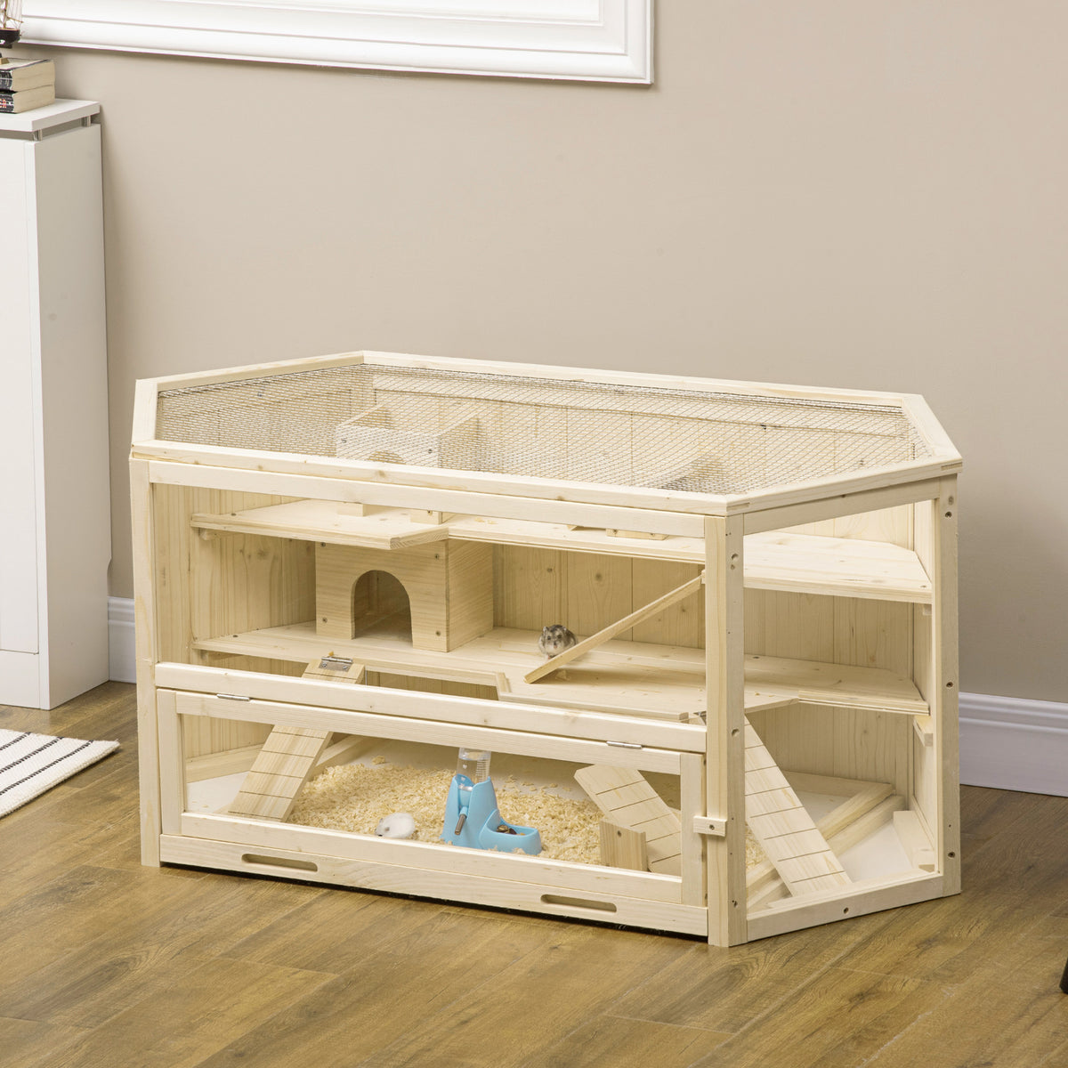 3 Tier Wooden Large Hamster Cage with Sliding Tray, Seesaws, Water Bottle, Natural