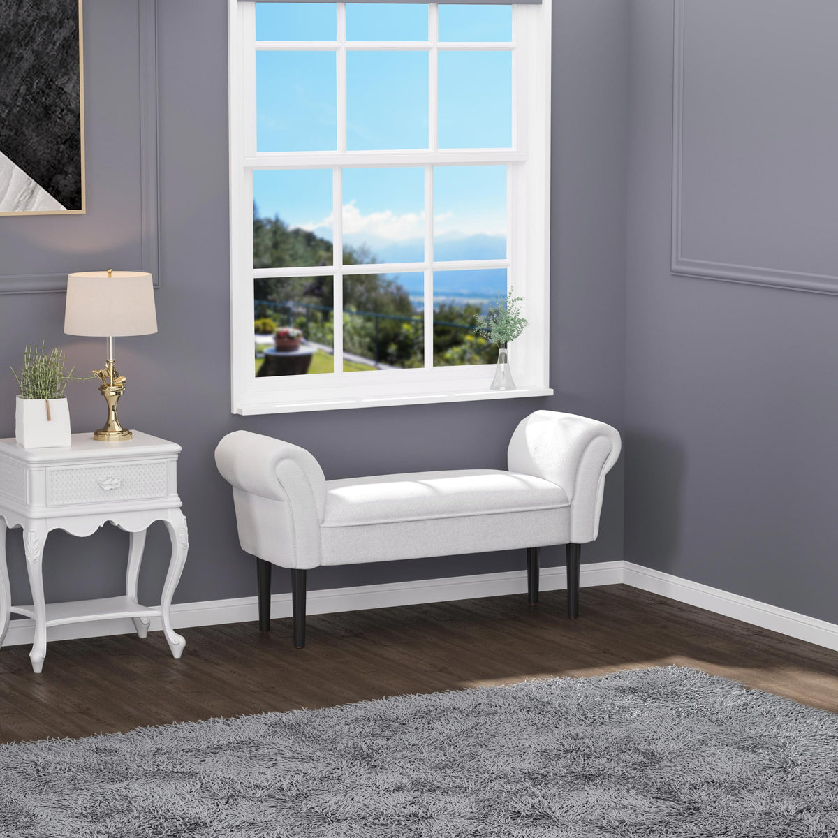 Sitzbank Polsterbank mit Segelstoff, Armlehne Flurbank mit Holzrahmen, Schuhbank für Schlafzimmer, Wohnzimmer, Flur 102 x 36 x 51 cm Grauweiß
