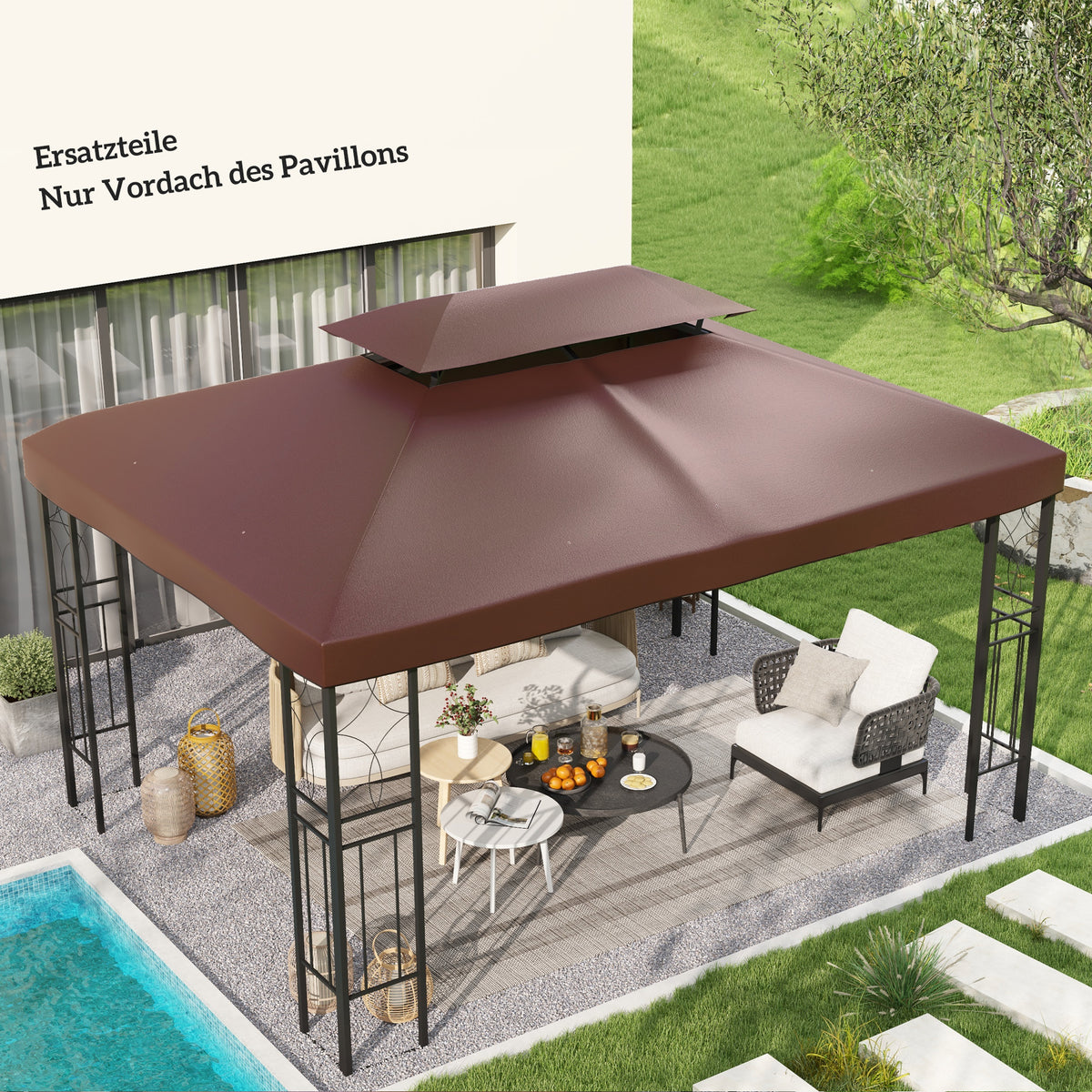 Pavillon-Ersatzdach, 3 x 4 m, Ersatzplane mit Wasserablauf-Öffnungen, Polyester, Sonnenschutz, UPF30+, Kaffee