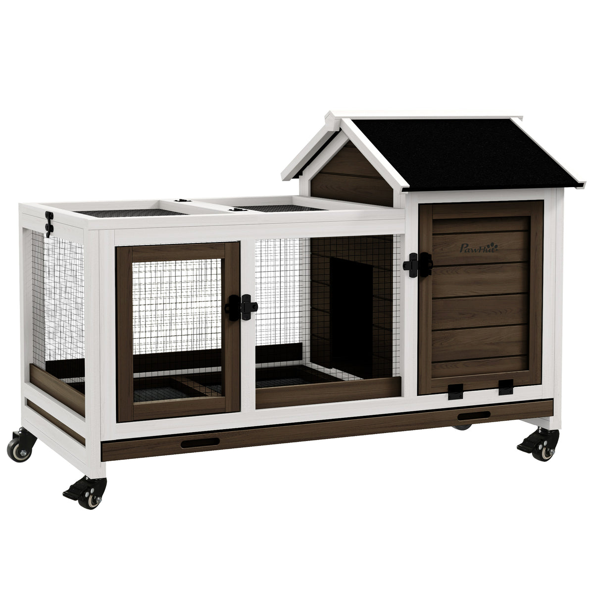 Wooden Rabbit Hutch, Guinea Pig Cage, with Removable Tray, Wheels - Brown