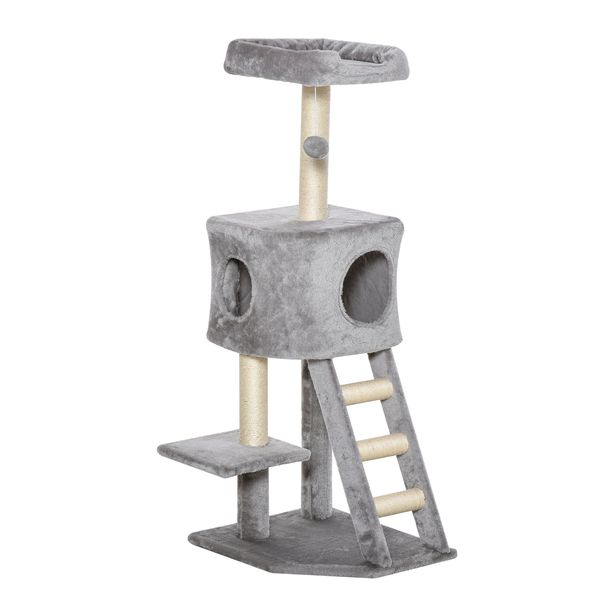  Kratzbaum 120 cm Katzenturm mit Höhle, Spielball, Sisalstämme,  Plattform, Treppe, mehrstöckiger Katzenkratzbaum, Kletterbaum für Katzen, Hellgrau