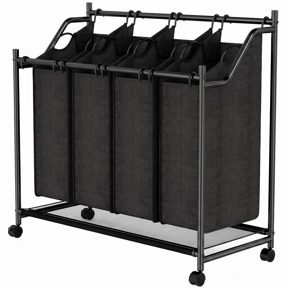 Wäschesammler mit Griff, 108 L rollbarer Wäschekorb mit 4 Fächern und Rollen, Schwarz