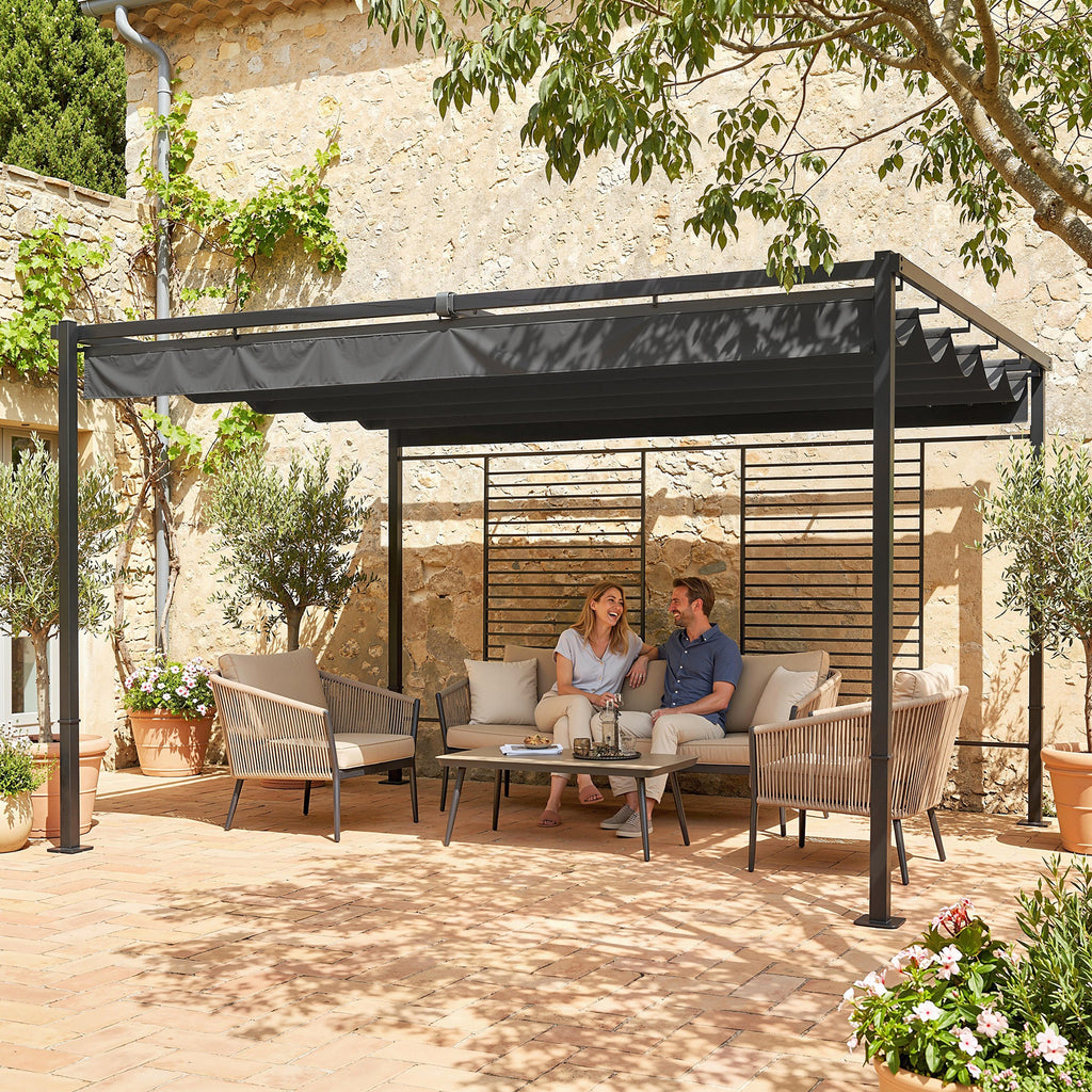 Pergola 3,87 x 2,97 m Terrassenüberdachung mit Schiebedach, 2 Sichtschutz, UV 50+ Dunkelgrau