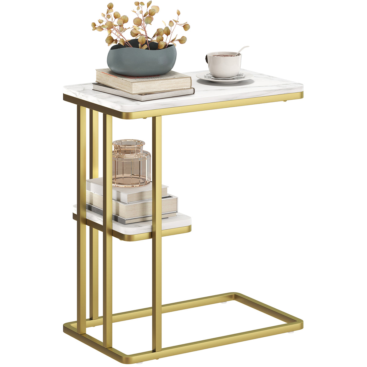 C-Shaped Narrow Side Table, 2-Tier Slim End Table, Nightstand for Small Spaces, Living Room, Bedroom, White Marble Grain