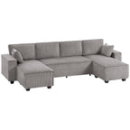 Ecksofa mit Doppel-Chaiselongues, U-förmiges Sofa aus Cordstoff mit breitem und tiefem Sitz, Federkernkissen, Hellgrau