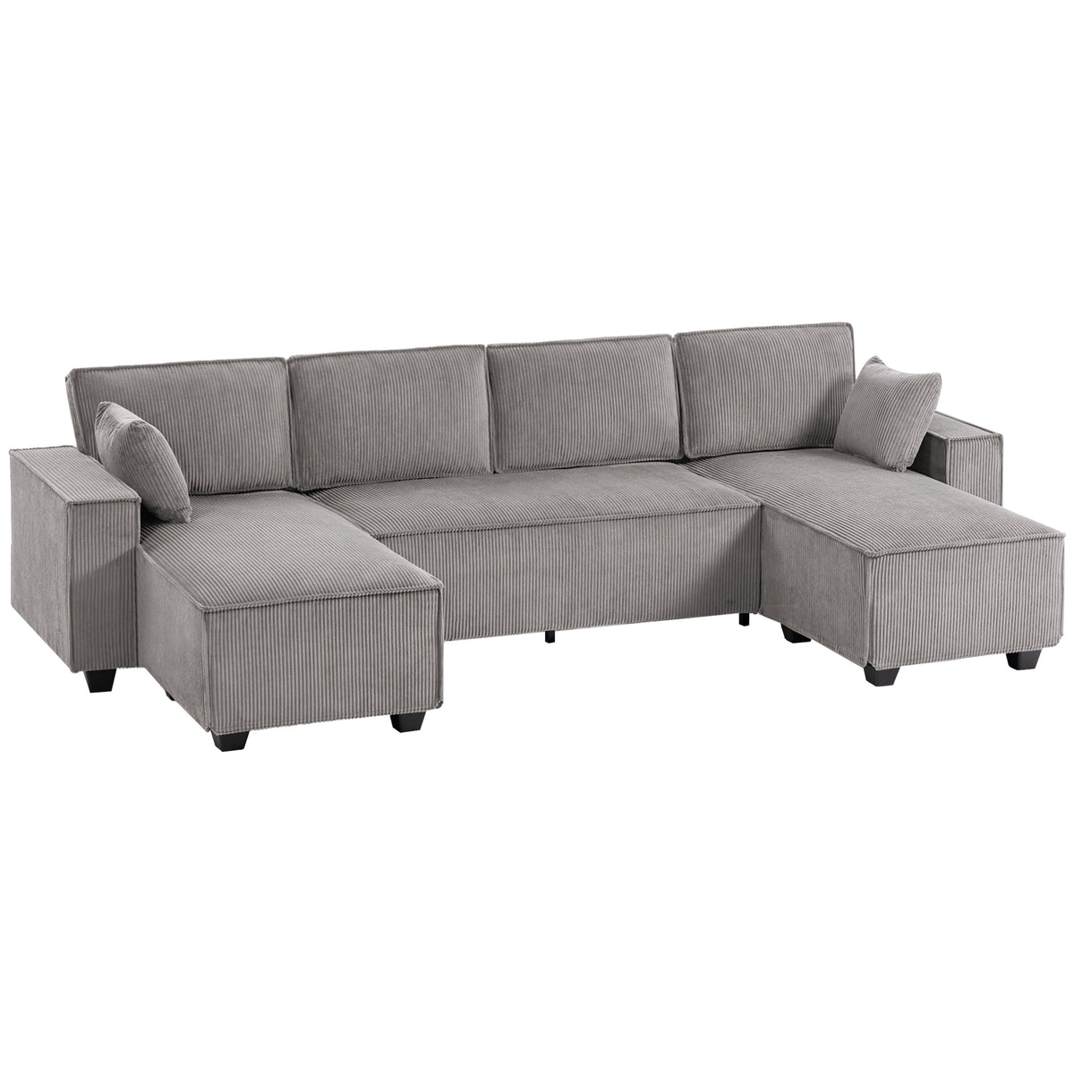Ecksofa mit Doppel-Chaiselongues, U-förmiges Sofa aus Cordstoff mit breitem und tiefem Sitz, Federkernkissen, Hellgrau