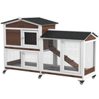 Wooden Two-Tier Pet Hutch with Wheels, Run - Brown