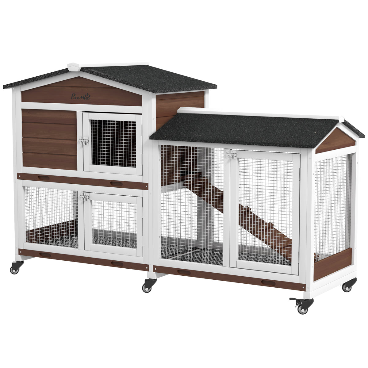 Wooden Two-Tier Pet Hutch with Wheels, Run - Brown
