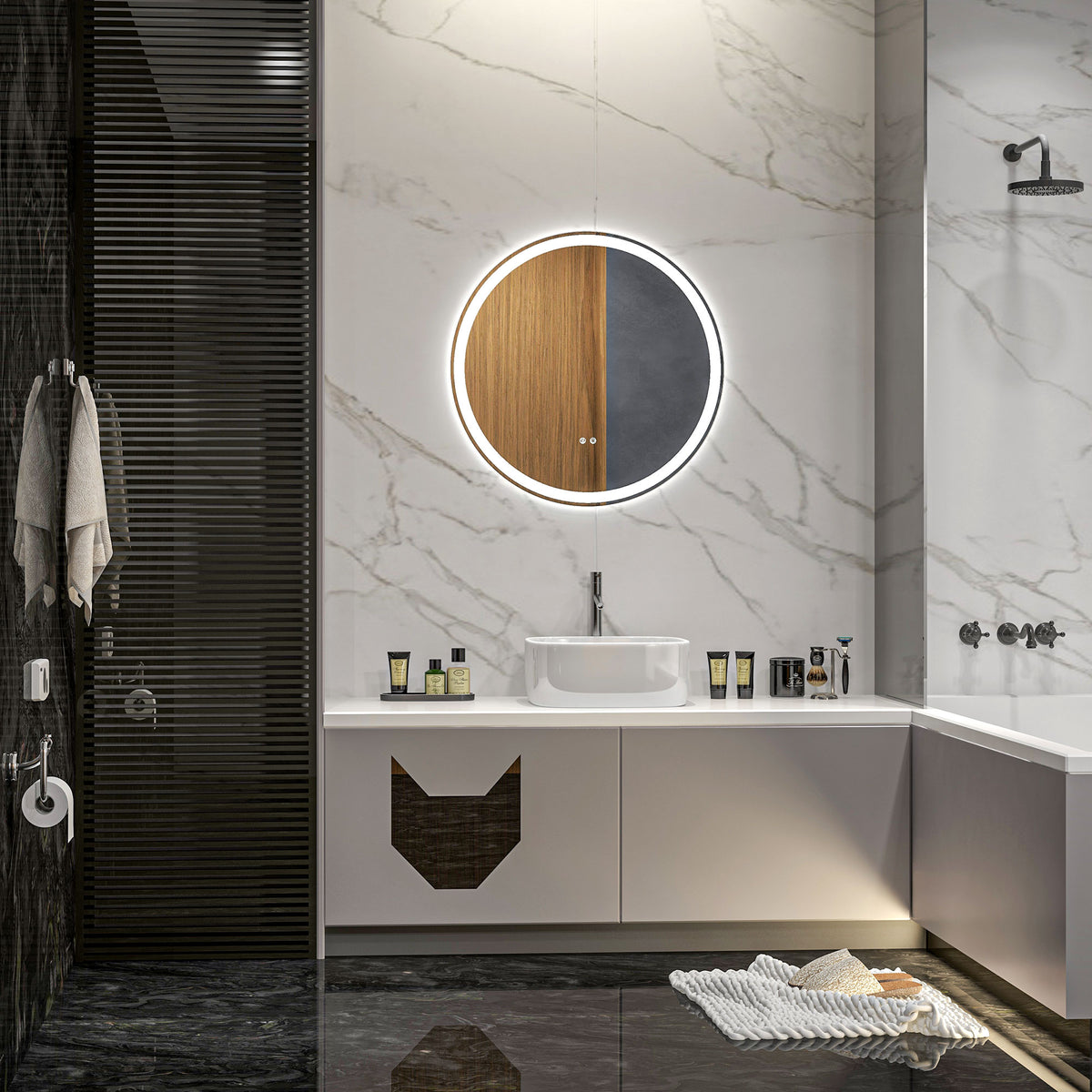 Round Bathroom Mirror with LED Lights, Wall Mount Dimmable Makeup Mirror with 3 Temperature Colours, Defogging Film and Memory Function, Frameless, Hardwired, 60 x 60 cm