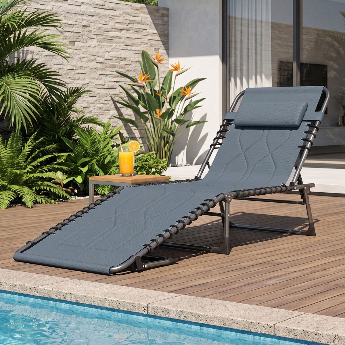 Sonnenliege, Faltbare Gartenliege, Klappliege mit Kissen, 5-stufige R¨¹ckenlehne, Oxfordstoff, 188 x 57 x 30 cm, Grau