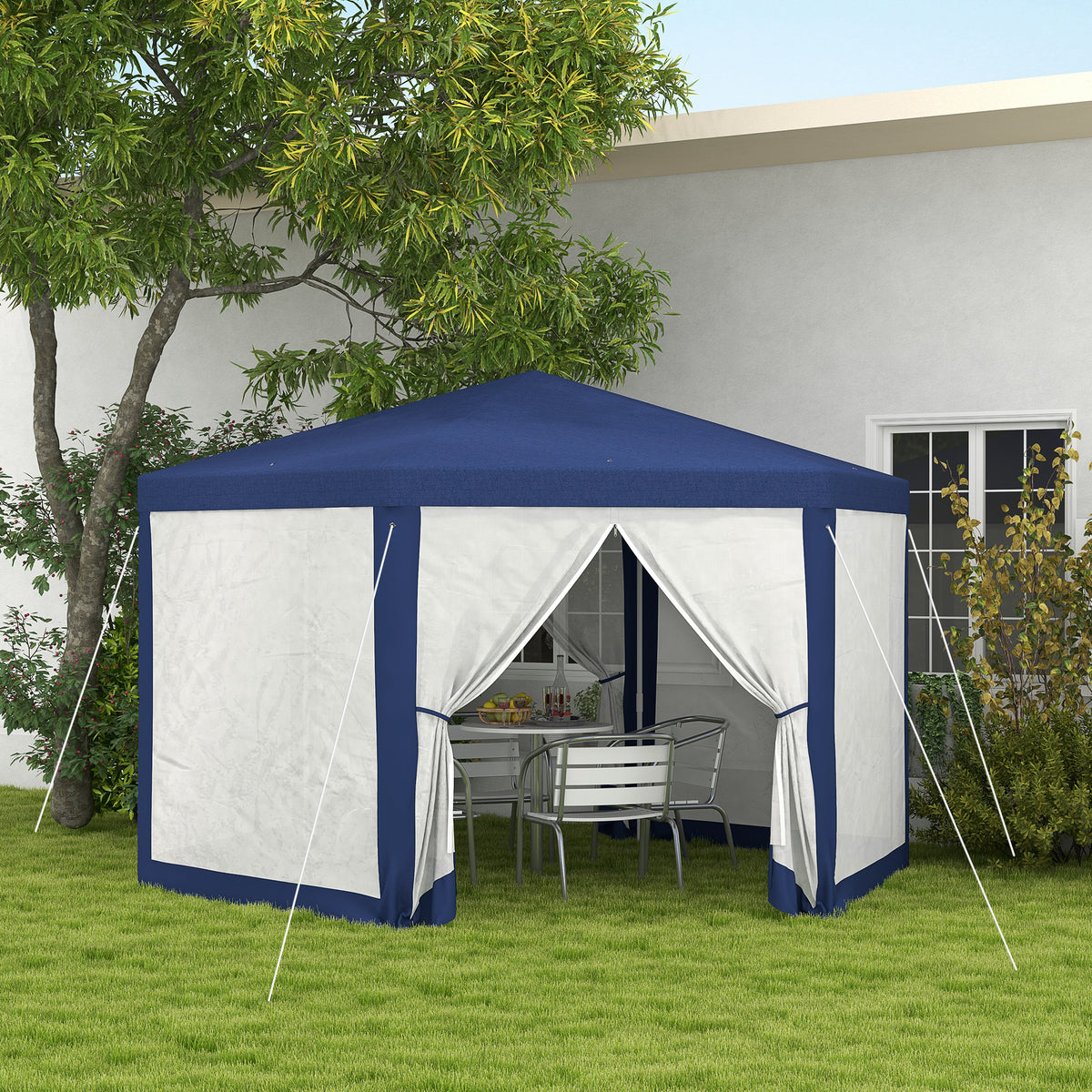Gartenpavillon, 6-eckig, Netzvorhänge, Metallgestell, 3,94x3,412x2,5m, Blau