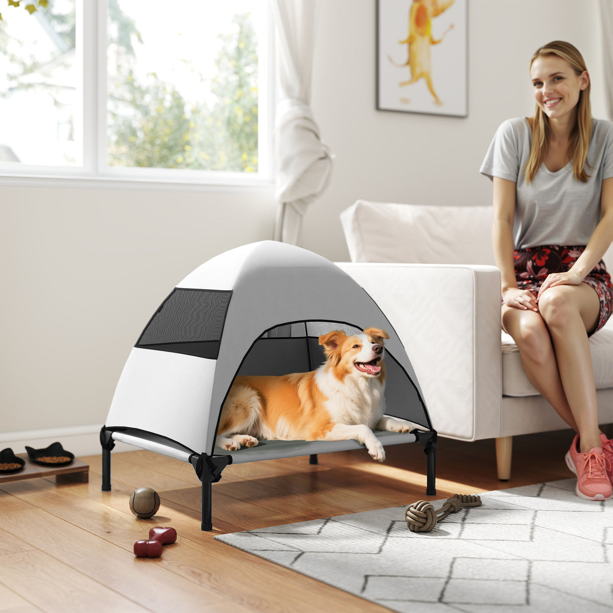 Hundeliege Outdoor mit Dach, Erh?htes Hundebett f¨¹r Mittelgro?e Hunde, 76 x 61 x 71cm, Hellgrau