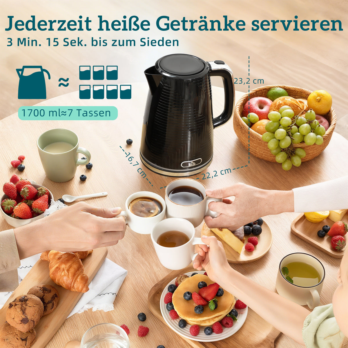 Wasserkocher- und Toaster-Set, 2200W, Otter-Thermostat, 2-Schlitz-Toaster, 7 Br?unungsstufen, Kr¨¹melfach, Schwarz