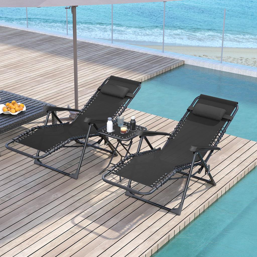 Gartenliege Set 3-TLG. Sonnenliege mit Teetisch 2 Liegest¨¹hle Kissen, Outdoor Liege 90x56x110 cm Schwarz