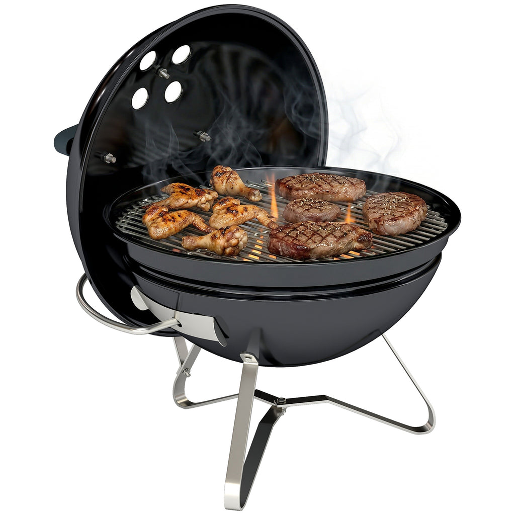 Holzkohlegrill Tragbarer Kugelgrill mit Deckel Griff verstellbaren Lüftungsschlitzen für Barbeque 41x41x44 cm Schwarz