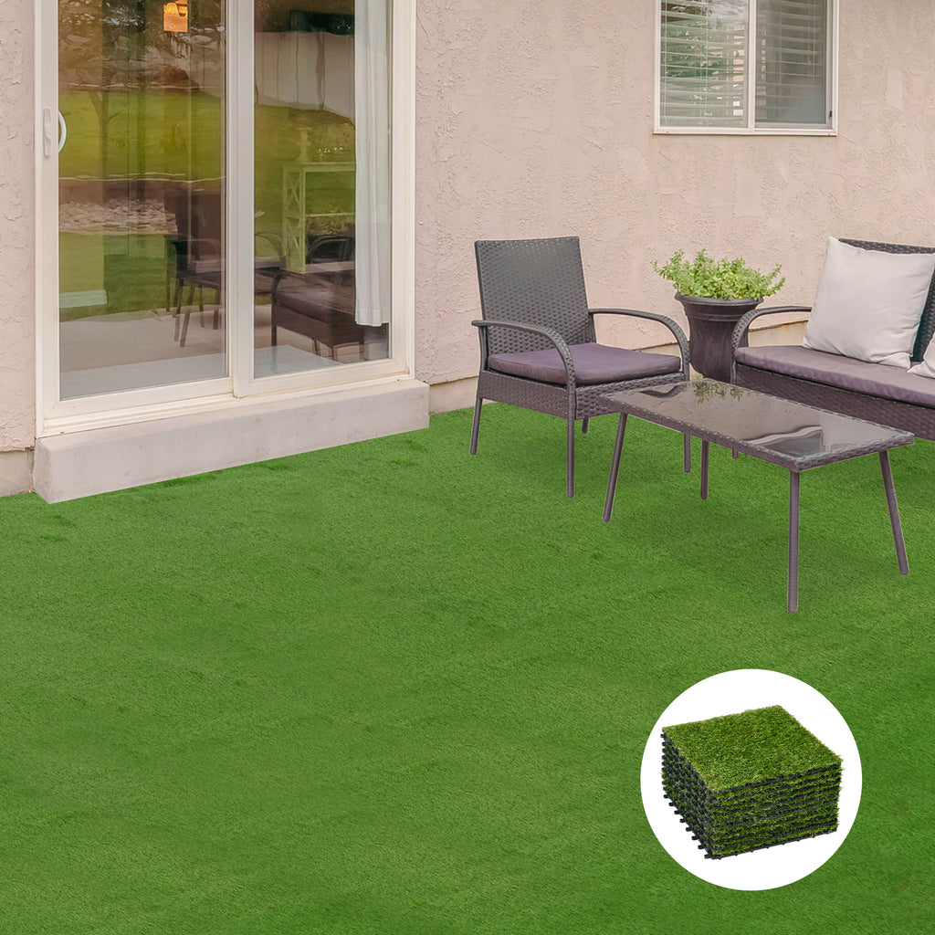 10-Piece Artificial Grass Set, Weatherproof Turf Tiles, 25mm Pile Height, Outdoor Carpet for Garden, Balcony & Patio, 30 x 30cm, Dark Green