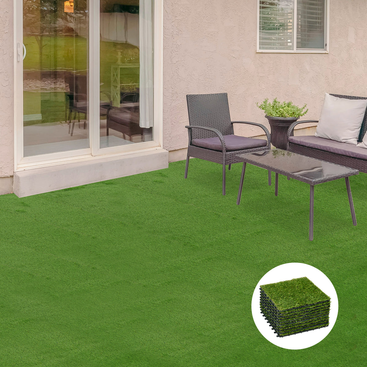 10-Piece Artificial Grass Set, Weatherproof Turf Tiles, 25mm Pile Height, Outdoor Carpet for Garden, Balcony & Patio, 30 x 30cm, Dark Green