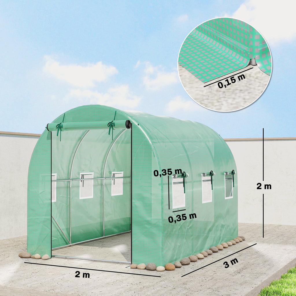 Gewächshaus 3 x 2 x 2 m Foliengewächshaus mit Rollbar 2 Reißverschlusstür & 6 Netzfenster Stützstangen Grün