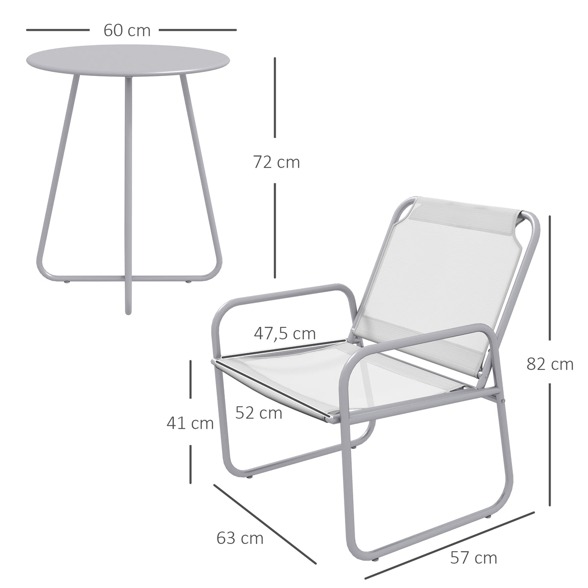 3-teiliges Gartenmöbelset, 2 Stühle mit atmungsaktivem Stoffbezug, 1 runder Tisch Ø60 cm, Hellgrau