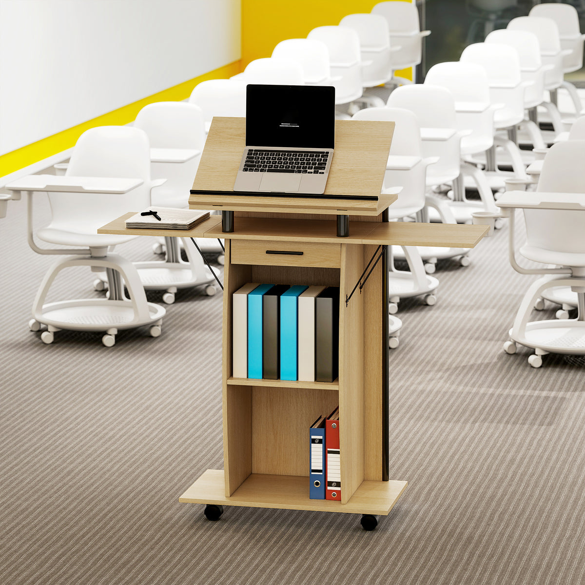 Rolling Podium Stand, Lectern with Folding Side Wings, Laptop Table with Drawer and Shelves, Oak Look