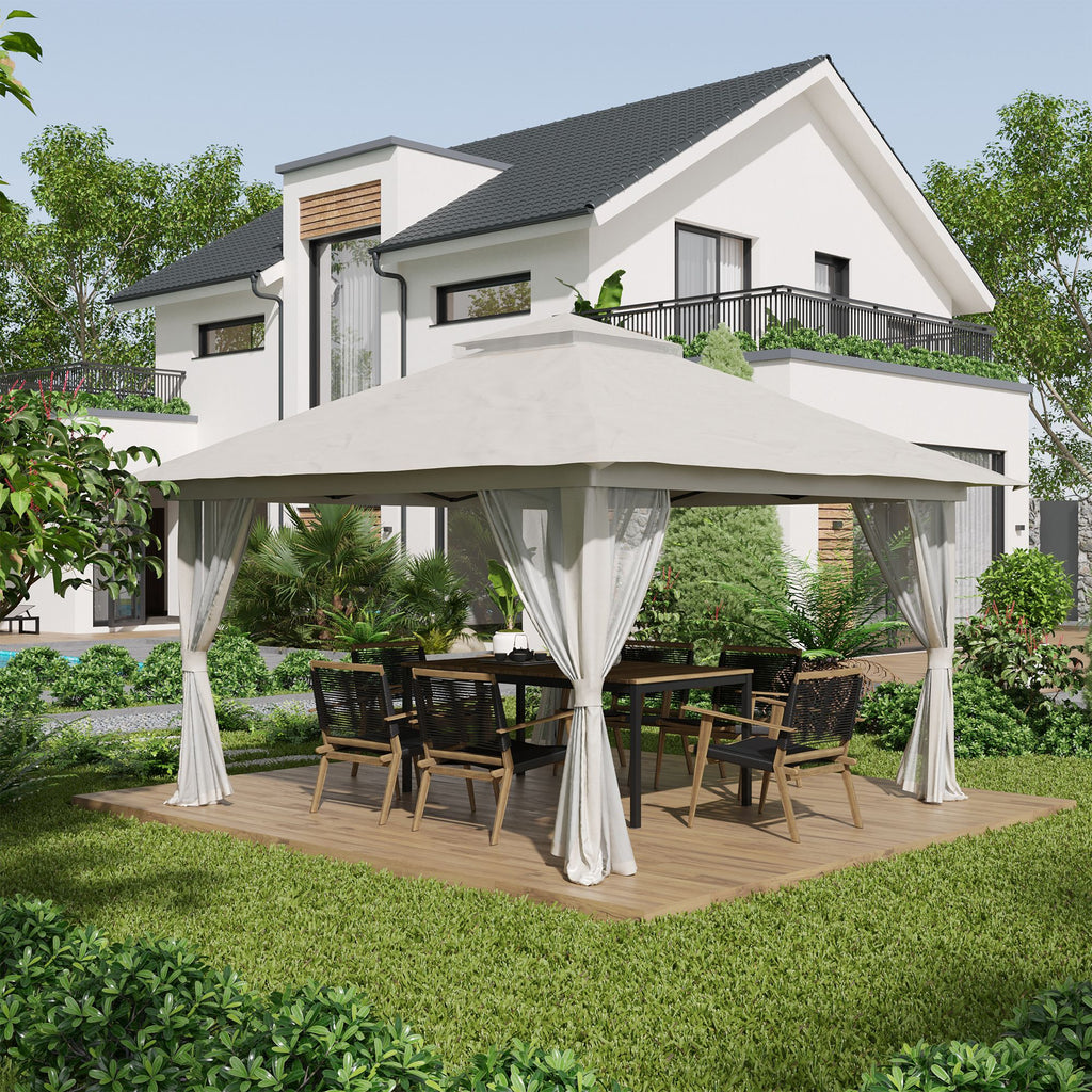 Faltpavillon, höhenverstellbar, 4 Netzwände, Lüftungsdach, Tragetasche, Schnellaufbau, 4 x 4 x 3 m, Cremeweiß