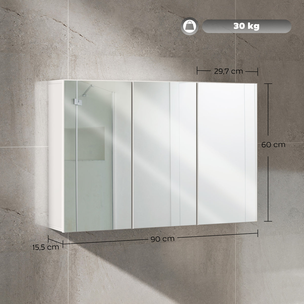 Badezimmerspiegelschrank, Badschrank mit 3 Spiegelt¨¹ren, Wandmontage, 90 x 15,5 x 60 cm, Spanplatte, Wei?