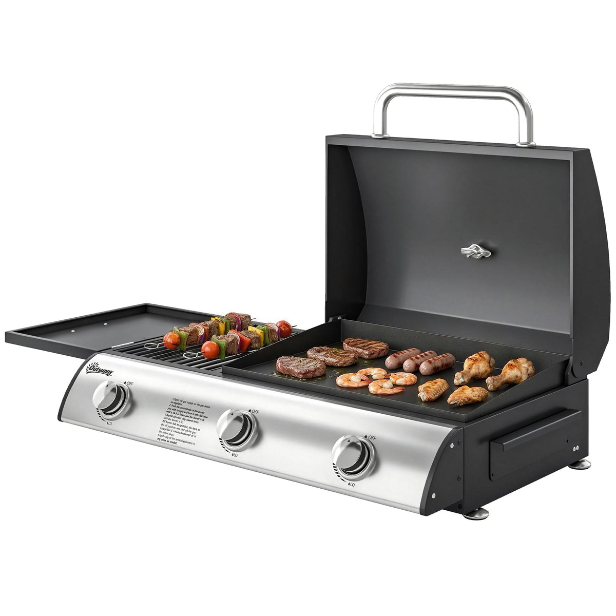 Gasgrill 7,5 KW Tragbarer Tischgrill mit 3 Brenner Seitentisch Bratenplatte Emaille-Grillroste Fettauffangschale