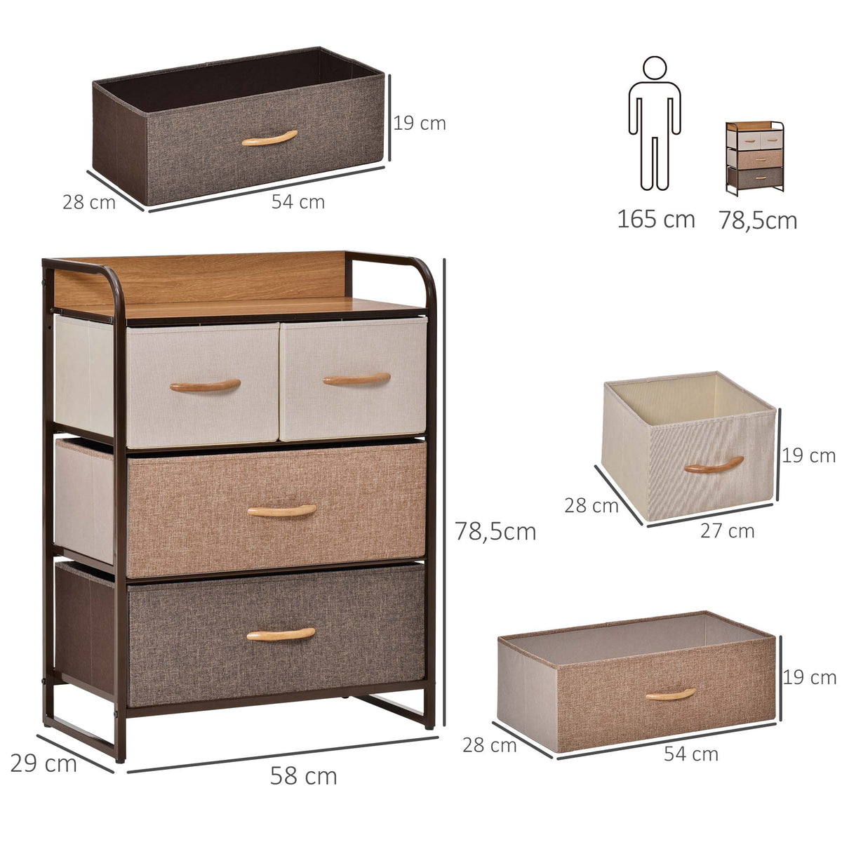 Kommode Schrank mit 4 Schubladen aus Leinen Aufbewahrungsschrank mit Metallrahmen für Schlafzimmer, Wohnzimmer