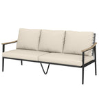 Gartensofa 3-Sitzer Rattan Loungesofa mit abnehmbar Kissen Holzoptik-Armlehnen Stahlrahmen Khaki