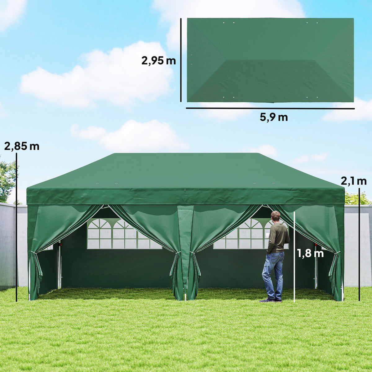 3 x 6m Pop-Up Gazebo, with Curtain Walls and Windows - Dark Green