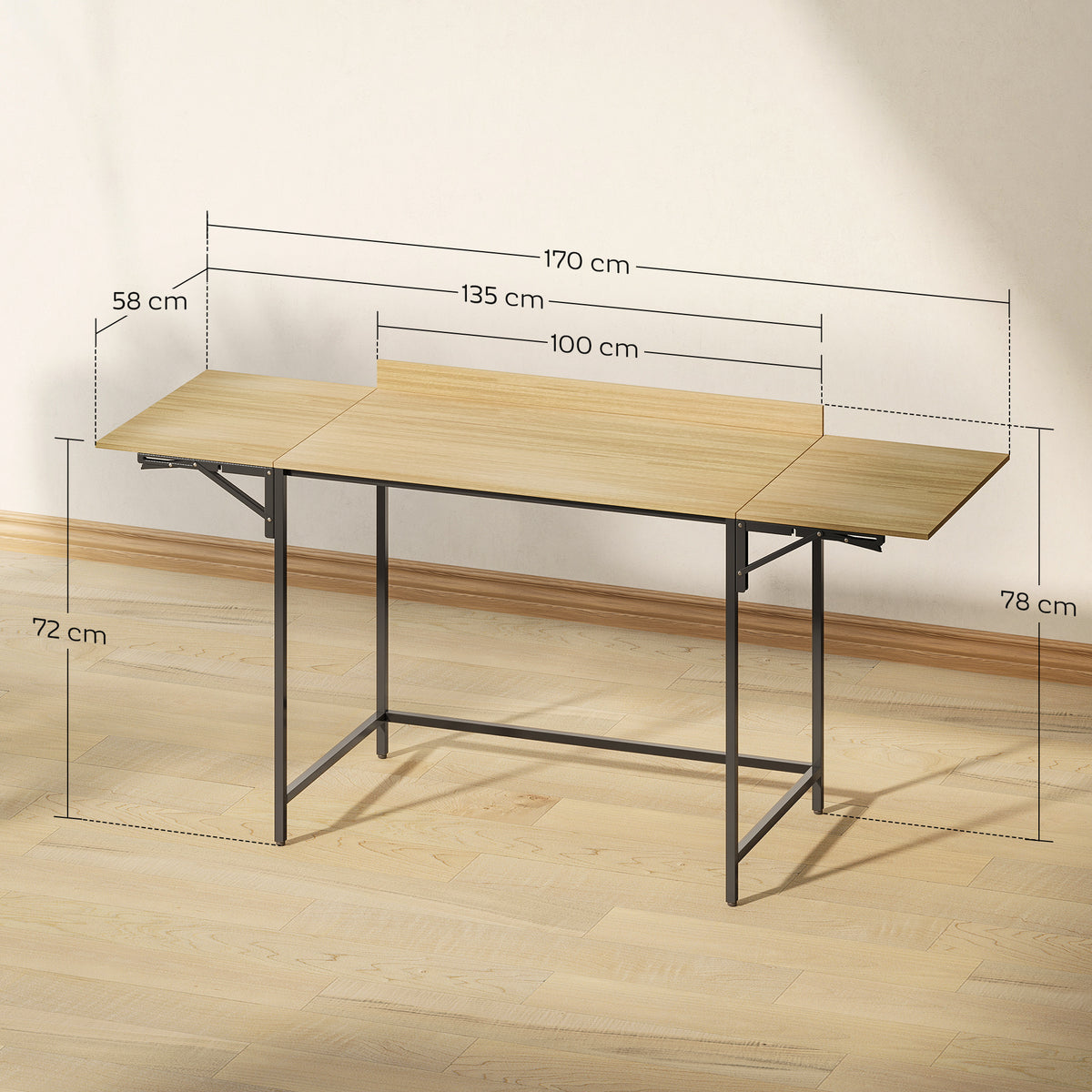 Klappbarer Computertisch mit 2 Ausziehplatten, viel Platz f¨¹r Monitore, Metallbeine, robuste Konstruktion, Eiche+Schwarz