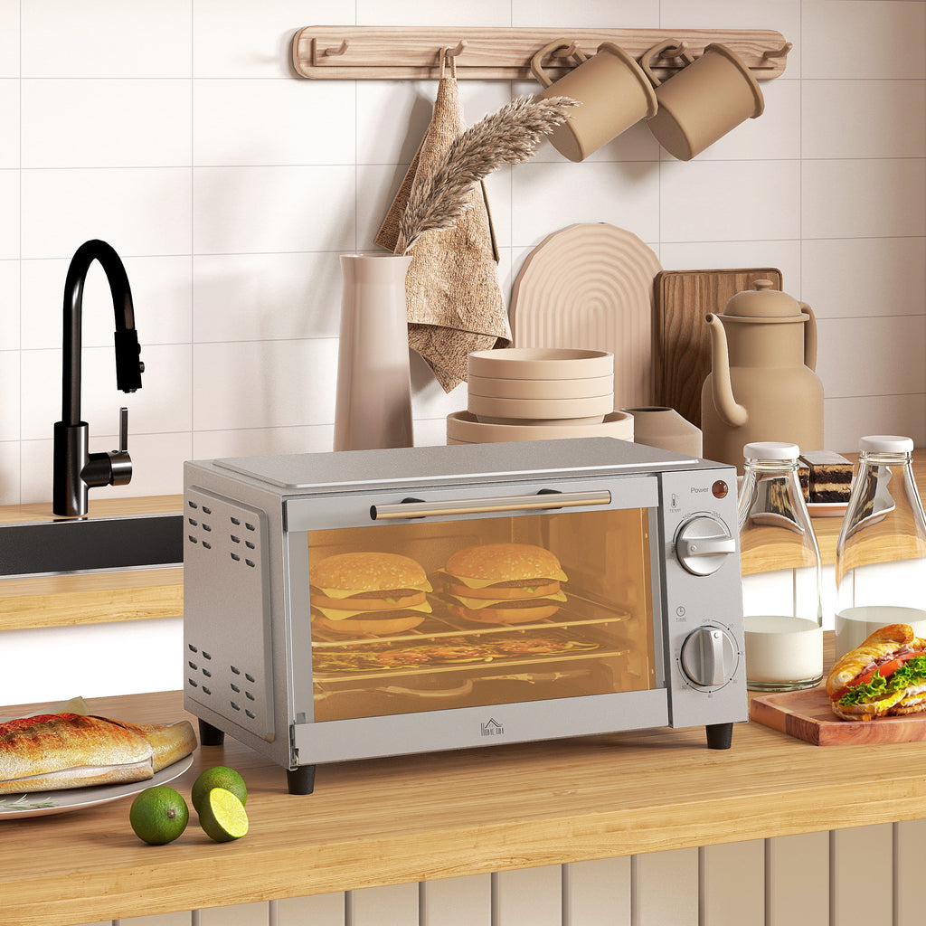 Minibackofen, 9 L Mini-Ofen mit Backblech, Grillrost, mit einstellbarer Temperatur und Garzeit, Edelstahl, Silber
