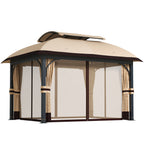 Gartenpavillon, 3,3 x 4 m Gartenzelt mit Netz-Vorhängen, zweistufiges Dach, Kunstleder-Bezug, Metallrahmen, Khaki
