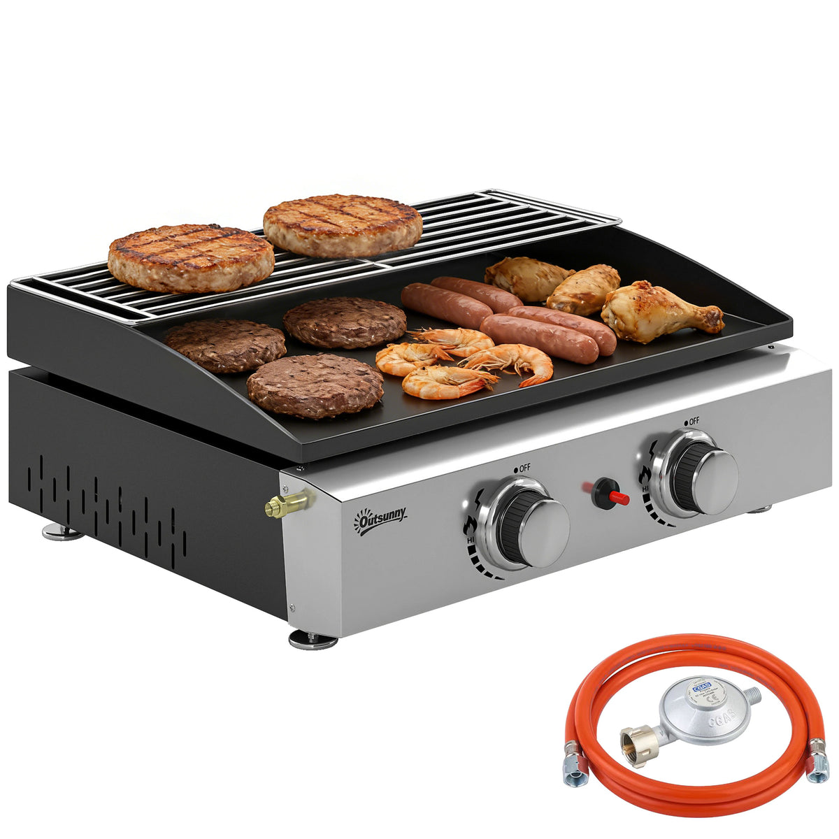 Gasgrill 5 KW Tragbarer Tischgrill mit 2 Brenner Keramische Lackbeschichtung Grillrost Warmhalterost
