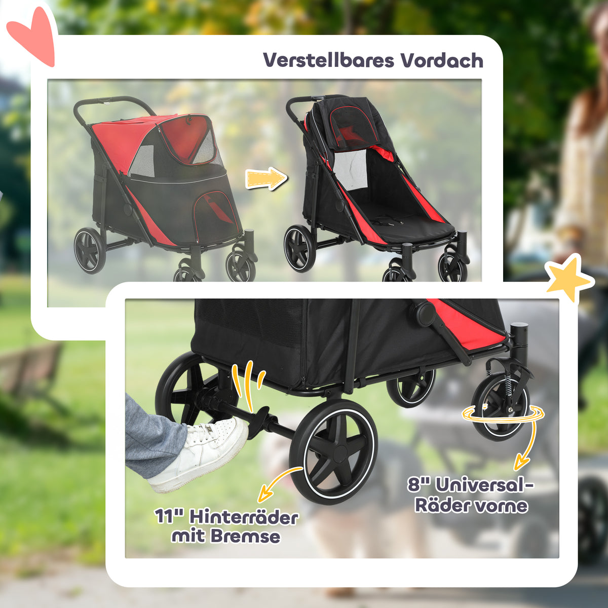 Foldable Pet Stroller, with Universal Wheels, Shock Absorbers, for Medium and Large Dogs, Red