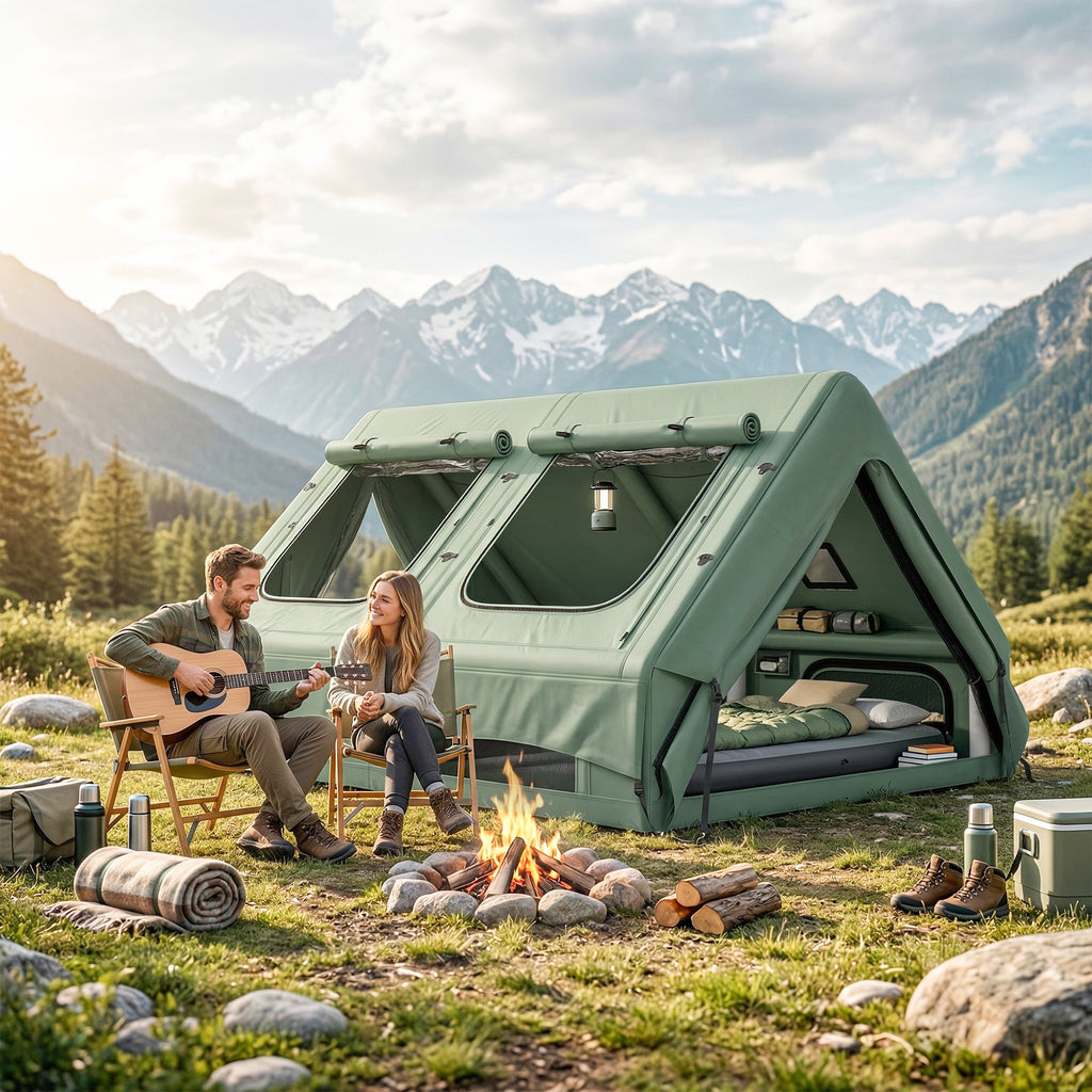 Inflatable Camping Tent, 4 Season Hot Tent 10000mm Waterproof with Chimney Opening, Sky Light and Air Pump, Green