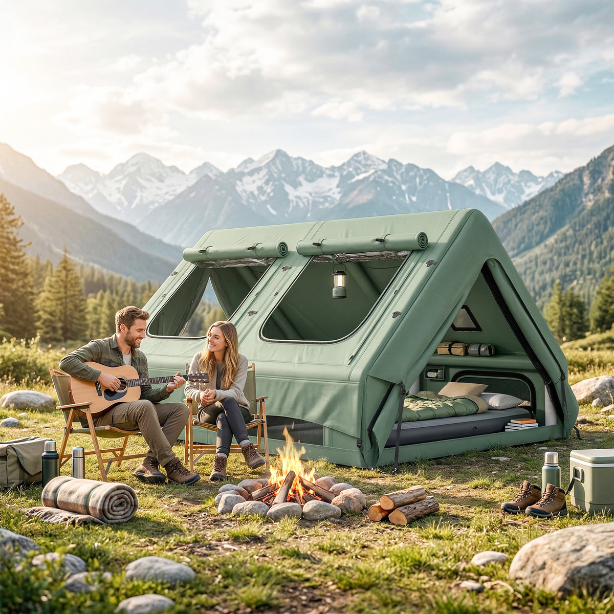 Inflatable Camping Tent, 4 Season Hot Tent 10000mm Waterproof with Chimney Opening, Sky Light and Air Pump, Green