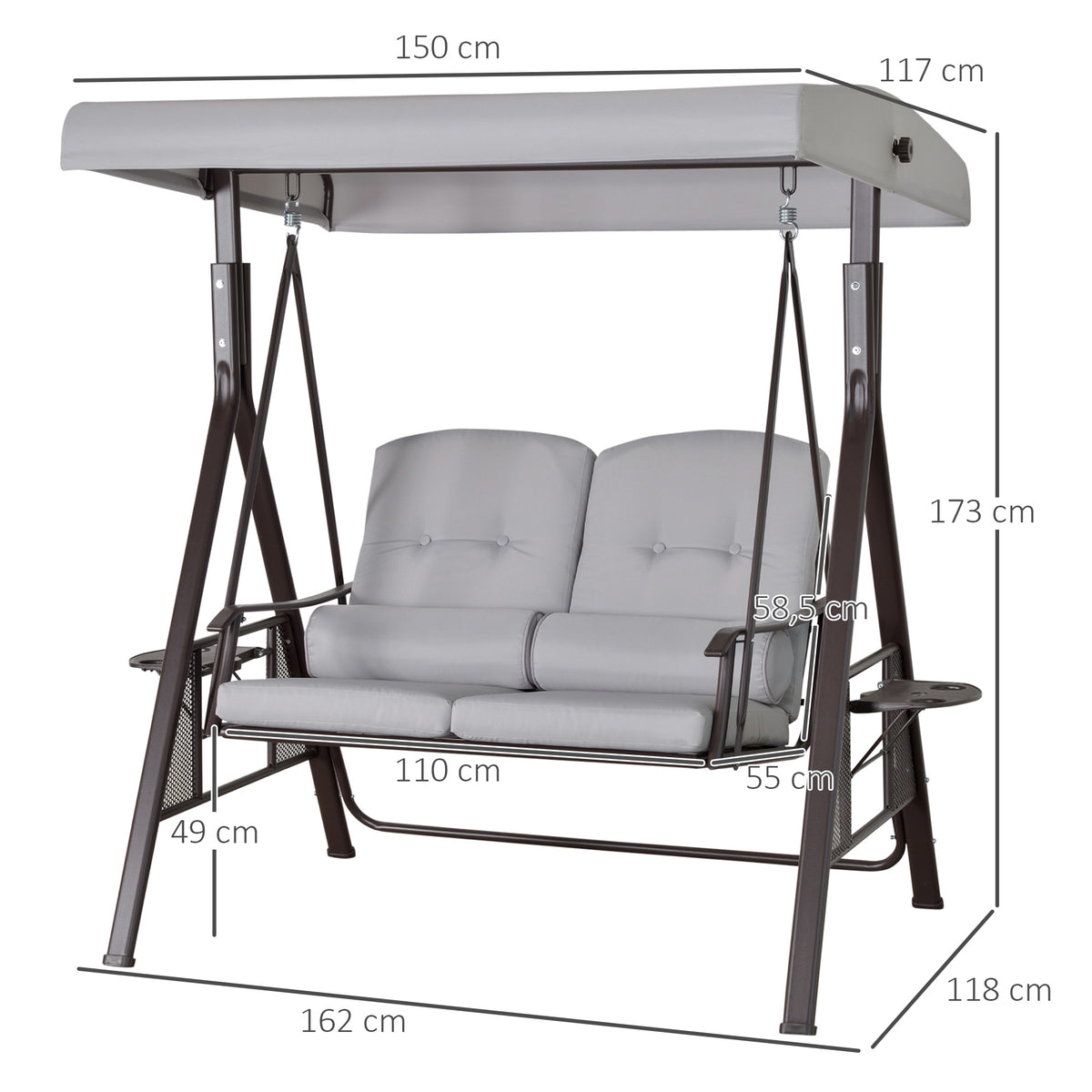 2-Sitzer Hollywoodschaukel Gartenschaukel mit Sonnendach Kissen Tablett Metall Polyester Grau 162 x 118 x 173 cm