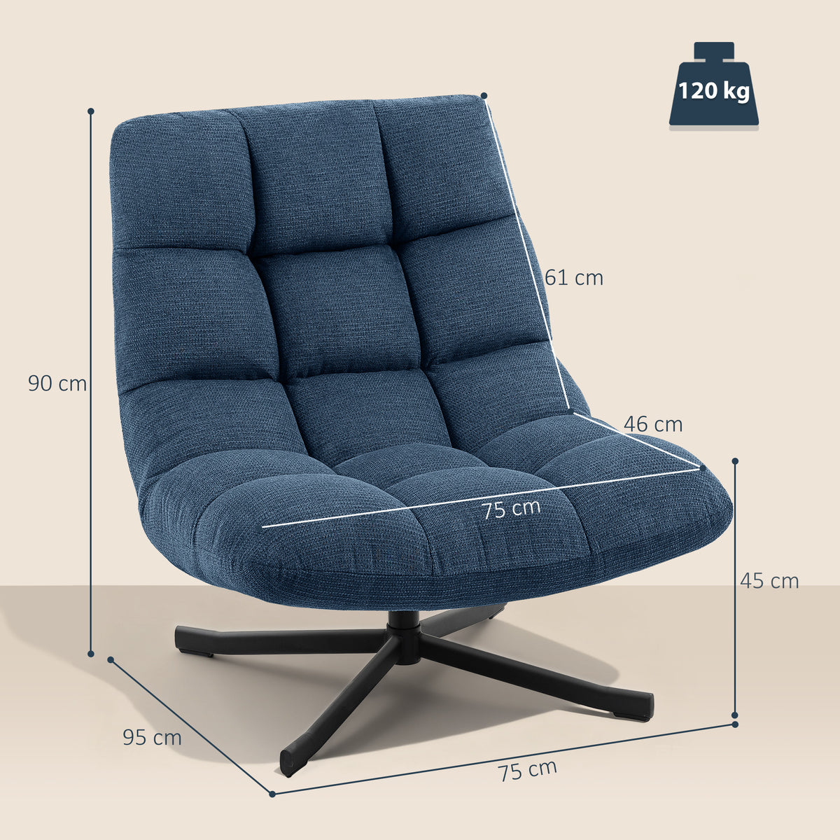 Drehbarer Akzentstuhl, Moderner Lounge-Sessel ohne Armlehnen mit Stahlbeinen, Dunkelblau